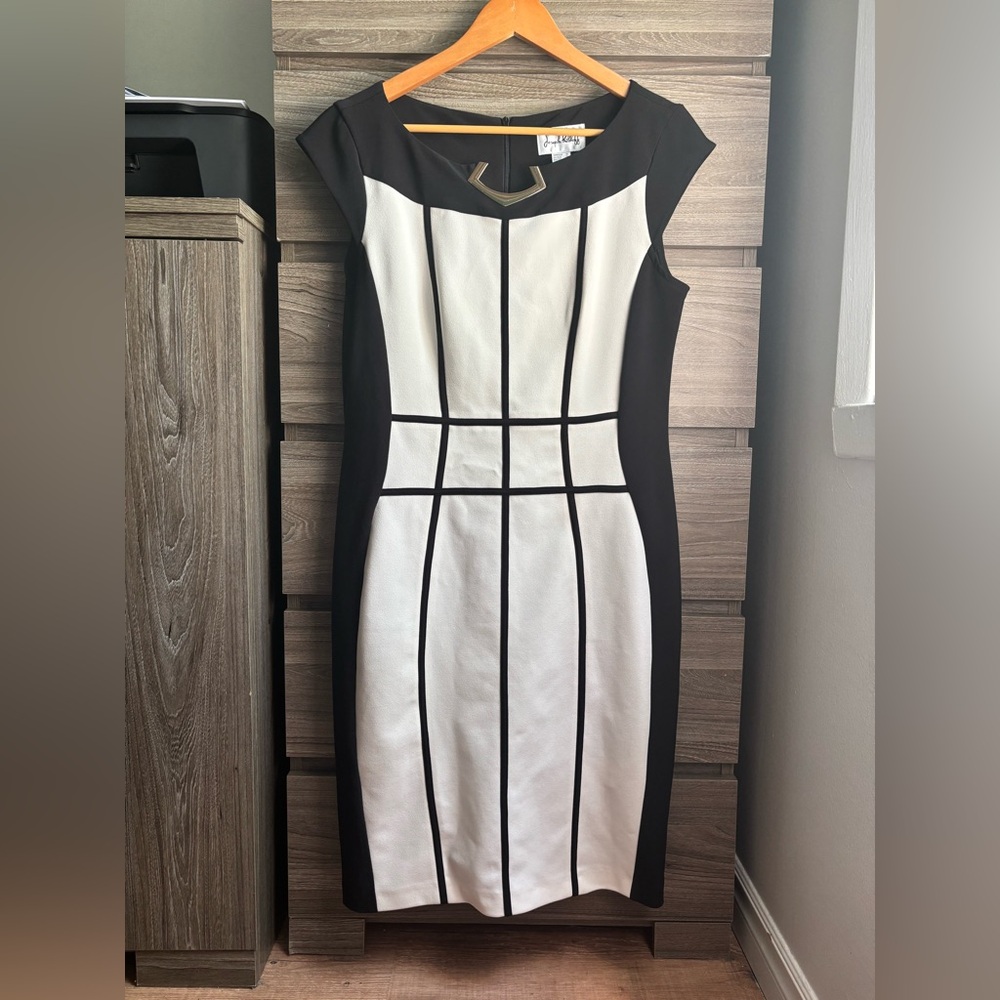 Joseph Ribkoff Sleeveless Black & White Colorblock Mid-Length Dress Size 14
